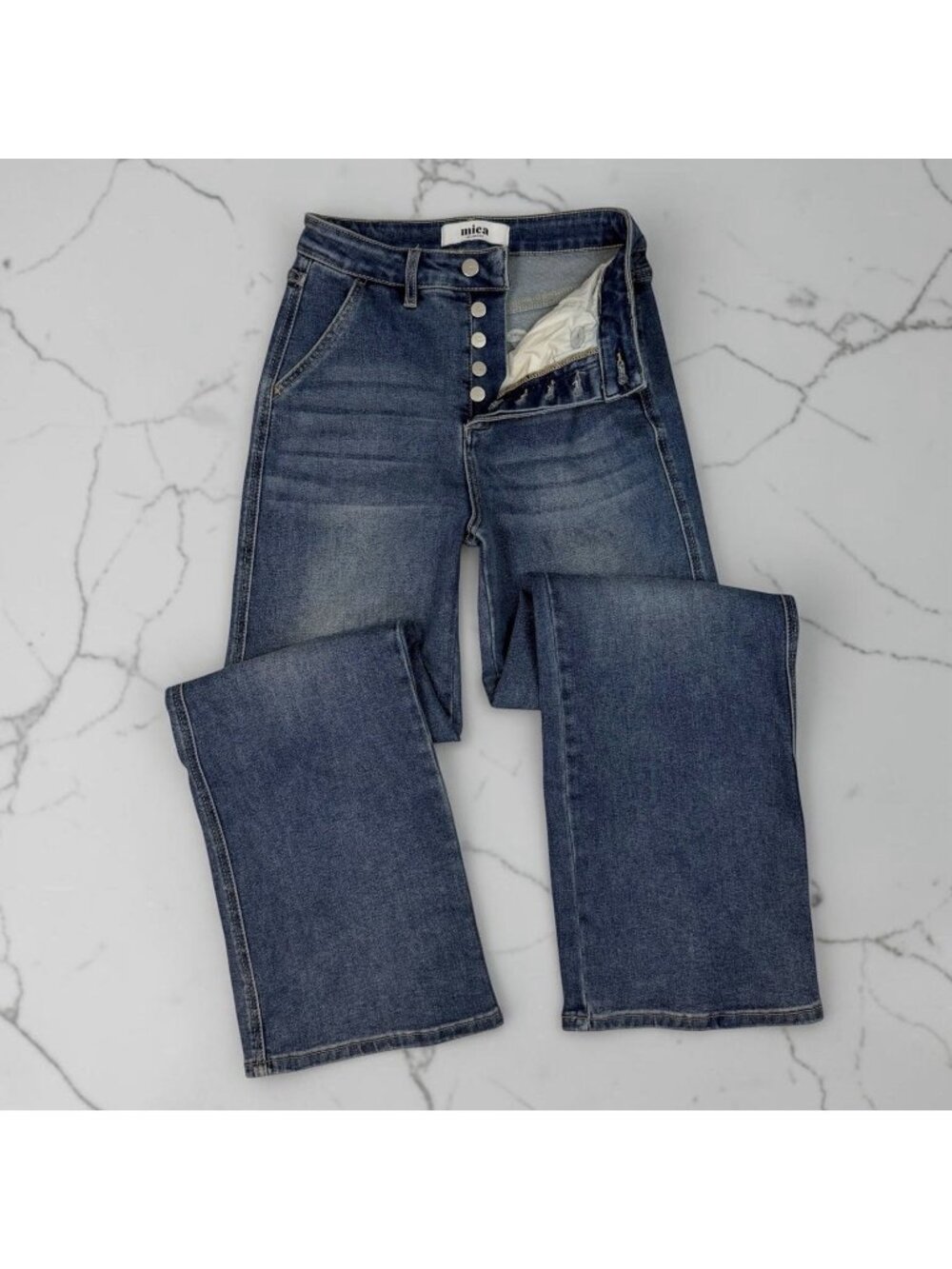 MICA High Rise Wide Leg Jeans Size 25 Waist Button Fly Stretch Denim Everly Bleu
